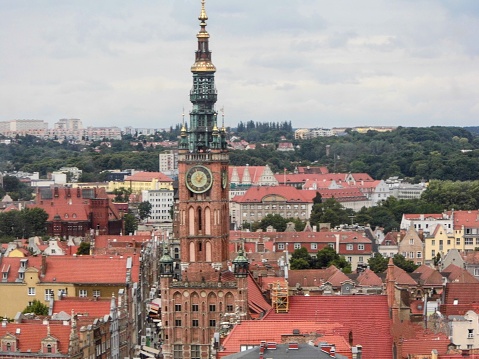 Old town Gdansk tower cathedral market square historical buildings basilica architecture aerial photo view from ferry wheel Poland