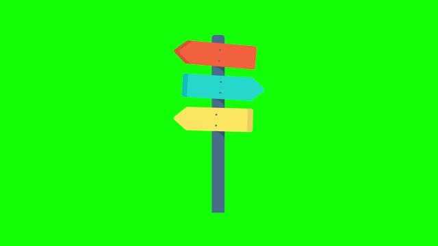 Choice of direction. Signpost arrows to the right and left. Blank signboard on road collection. Isolated on green background. Signage, street board. Trendy 2d flat animation. Alpha channel. Croma key