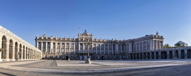 Madrid, Spain, October 5, 2023: View of the Royal palace (El Palacio Real de Madrid) in the downtown of the Spain capital. It is the official residence of the Spanish royal family.