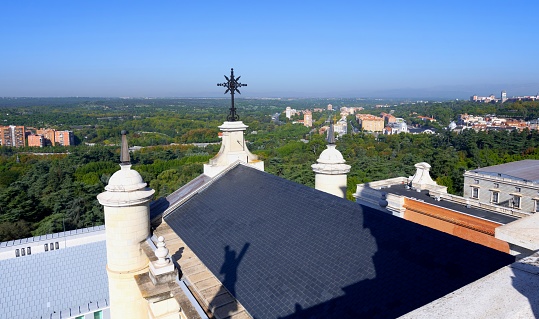 Madrid, Spain, October 5, 2023: Aerial view of Madrid from the roof of the Catedral de Santa María la Real de la Almudena on a sunny morning.