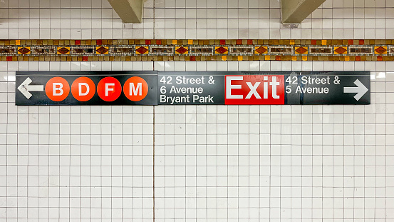 05/15/2023 - Midtown Manhattan, New York, NY, USA: Subway signs at Bryant Park subway station in Midtown Manhattan