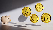 piggy bank with dollar,euro,bitcoin  coins high quality