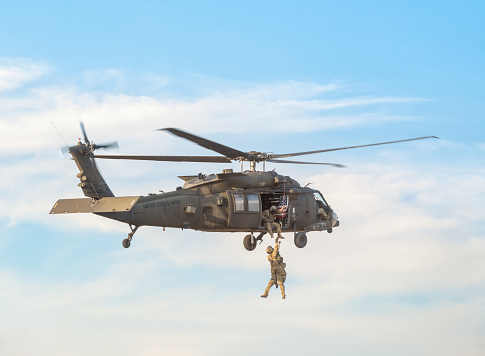 Bucharest, Romania - August 25 2023: United States military helicopter. Combat US air force. Rescue mission exercise.