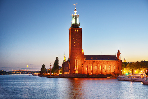 City Hall of Stockholm at dusk twilight, Sweden. The Nobel Banquet has taken place at the City Hall since 1930