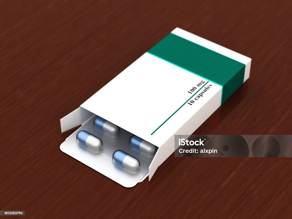 Pills in blister Pills in blister on a table. Digitally generated image Healthcare And Medicine Stock Photo