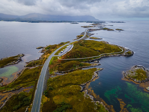 Image of a famous bridge road in Norway. the road leads across the Atlantic. Several islands can be seen