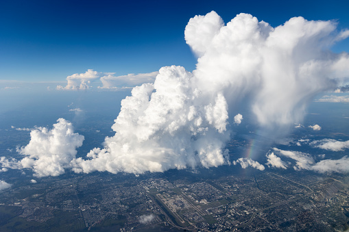 Aerial view of Tampa and Tampa Airport with a thunderstorm