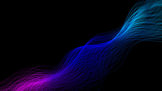 A colorful wave pattern set on a black background, free-flowing lines, magenta and blue, layered fibers. Data visualization, layered mesh. Vector Ilustration.