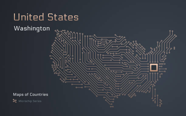 карта соединенных штатов америки со столицей вашингтоном, показанной в виде микрочипа. электронное правительство - south africa map africa durban stock illustrations