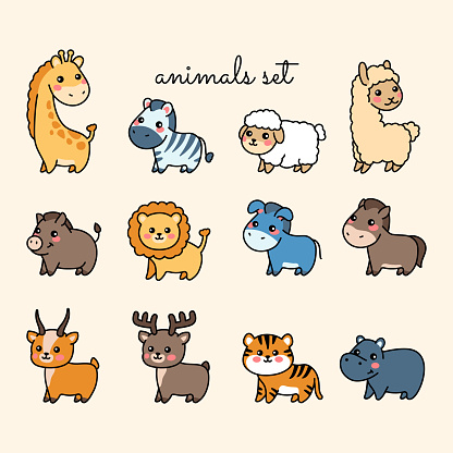 Hand drawn animals color elements.  Cartoon characters set. Isolated vector illustration.