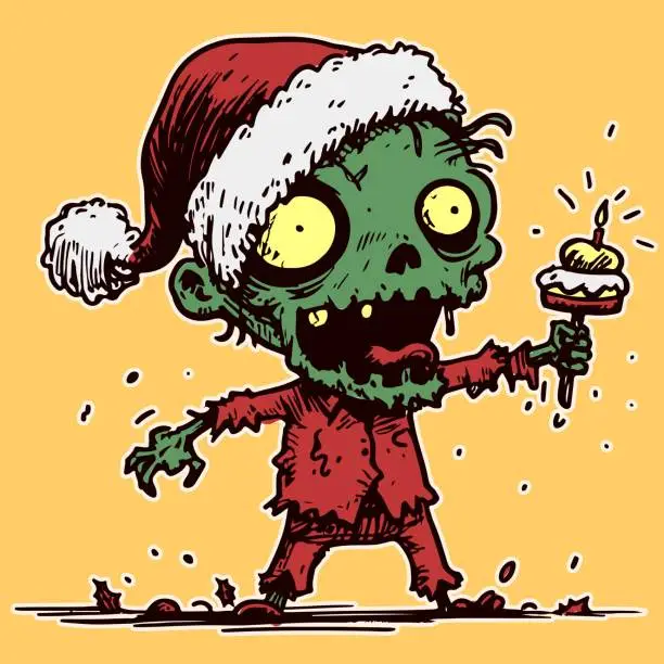 Vector illustration of Vector of a cartoon zombie celebrating Christmas by wearing red clothes and holding a cupcake. Drawing of a green skeleton at winter holidays