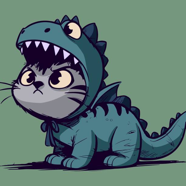 Adorable illustration of a Halloween kitty in a dinosaur suit going trick or treating. Cat with big eyes in a dino t-rex costume and a brave attitude Adorable illustration of a Halloween kitty in a dinosaur suit going trick or treating. Cat with big eyes in a dino t-rex costume and a brave attitude dinosaur rawr stock illustrations