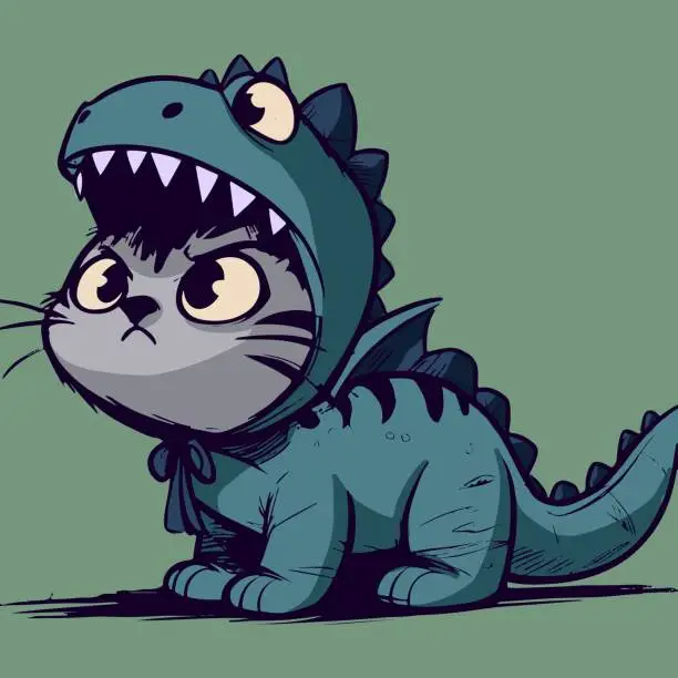 Vector illustration of Adorable illustration of a Halloween kitty in a dinosaur suit going trick or treating. Cat with big eyes in a dino t-rex costume and a brave attitude