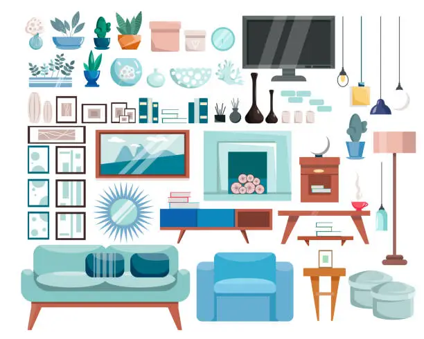 Vector illustration of A set of vector illustrations of living room furniture. The interior of the living room