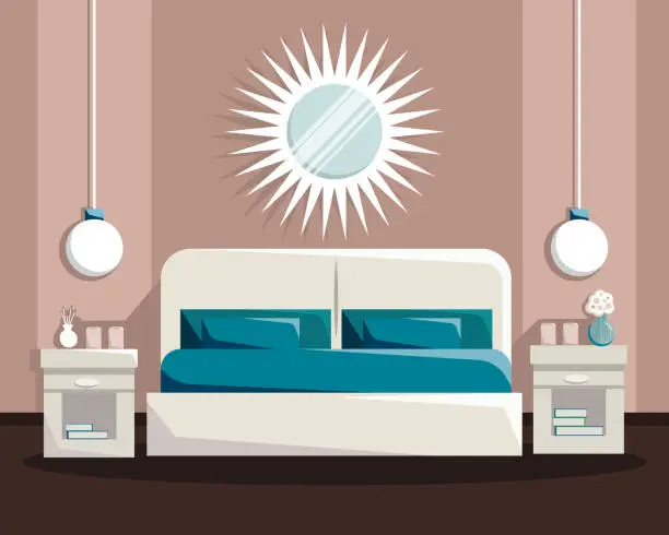 Vector illustration of Modern bedroom interior in neutral tones. Vector interior design of the apartment