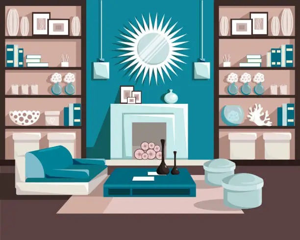 Vector illustration of Modern contrasting interior of the living room in blue tones. Vector interior design