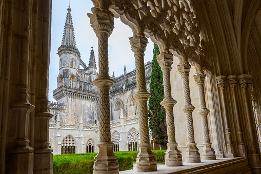 The intricately decorated cloister of Batalha Monastery, or Mosteiro de Batalha, Portugal