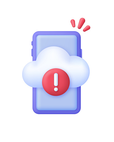 3D Cloud computing error icon on Phone. Concept of broken communication with database. Data issue, disconnection. Trendy and modern vector in 3d style.