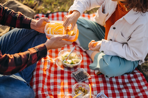 Couple is sitting on the grass and enjoying a picnic