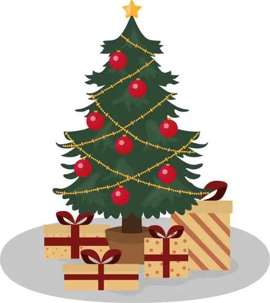 Vector illustration of Christmas tree with gifts. Festive mood. Vector.