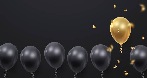 istock Banner with realistic black, gold ballons and ribbons, serpentine. Vector illustration for card, party, design, flyer, poster, decor, banner, web, advertising 1813356228