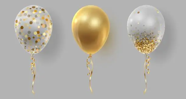 Vector illustration of Set of three realistic ballons, gold, transparent with golden confetti, paper circles and ribbons. Vector illustration for card, party, design, flyer, poster, decor, banner, web, advertising