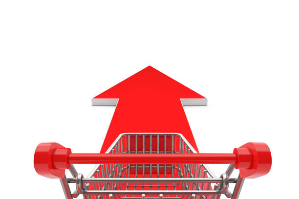 Buying Concept. Shopping Cart Trolley Over Go Forward Arrow Sign on a white background. 3d Rendering