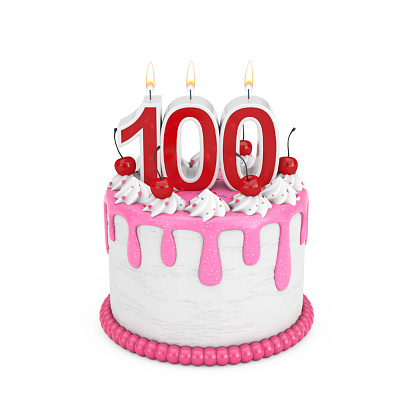 100 Year Birthday Concept. Abstract Birthday Cartoon Dessert Cherry Cake with One Hundred Year Anniversary Candle on a white background. 3d Rendering