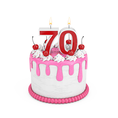70 Year Birthday Concept. Abstract Birthday Cartoon Dessert Cherry Cake with Seventy Year Anniversary Candle on a white background. 3d Rendering