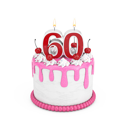 60 Year Birthday Concept. Abstract Birthday Cartoon Dessert Cherry Cake with Sixty Year Anniversary Candle on a white background. 3d Rendering