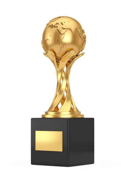 istock Golden Award Trophy with Golden Earth Globe. 3d Rendering 1813357421