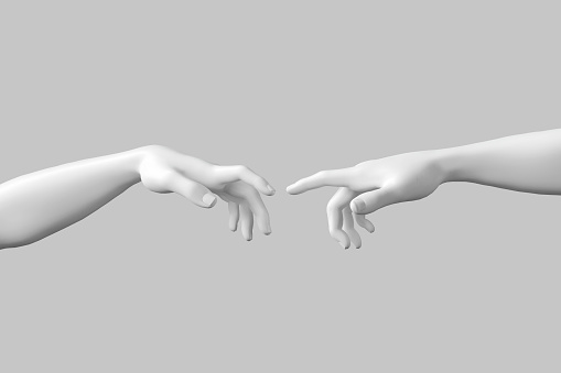 Hand to Hand. Abstract Imitation of Michelangelo's the Creation of Adam. God and Adam Hands on a white background. 3d Rendering