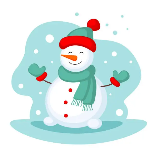 Vector illustration of Funny cartoon snowman. Winter card. Merry Christmas