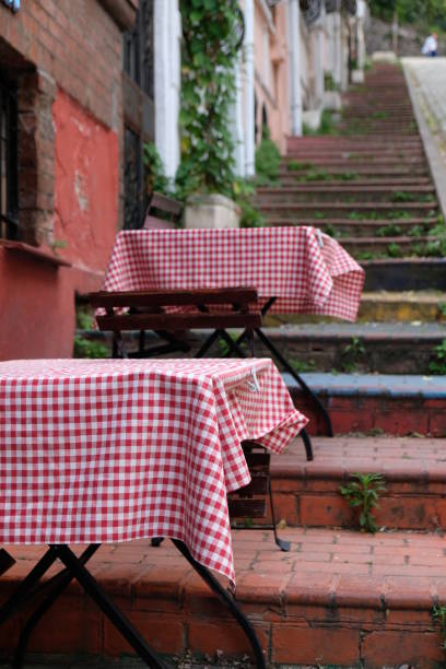 istock tables on stairs with checkered tablecloths and cat 1813361631
