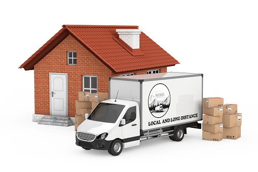 Home Moving Services Concept. Home Moving Van near Moving Boxes and Modern House on a white background. 3d Rendering