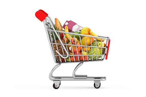 Shopping Cart Trolley Full of Groceries on a white background. 3d Rendering