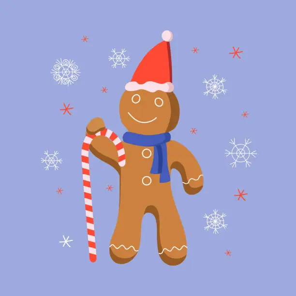 Vector illustration of Gingerbread man in Santa hat and scarf.