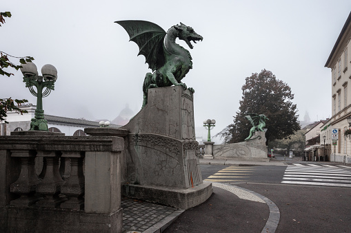 Dragon sculpture of the Dragon Bridge over Ljubljana River in the capital of Slovenia.