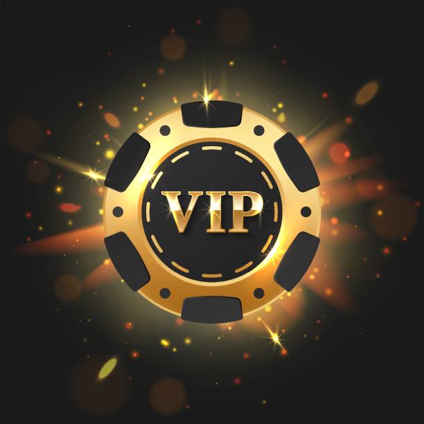 istock Golden with black VIP poker chips, token with gold light, rays, glare, sparkles on black background. Vector illustration for card, casino, game design, flyer, poster, decor, banner, web, advertising 1813434502