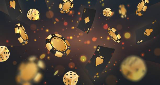 istock Falling golden poker chips, tokens, dices, playing cards on black with gold lights, sparkles and bokeh. Vector illustration for casino, game design, advertising 1813434529