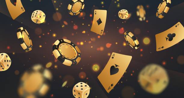 istock Falling golden poker chips, tokens, dices, playing cards on black background with gold lights, sparkles and bokeh. Vector illustration for casino, game design, flyer, poster, banner, web, advertising 1813434530