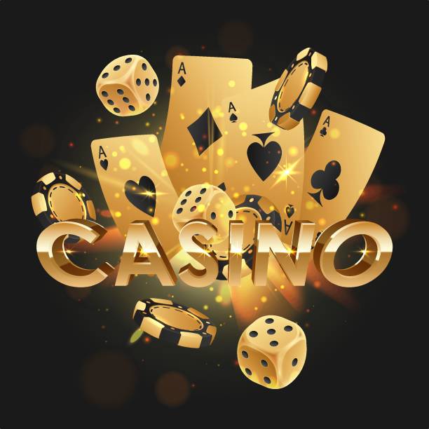 istock Black letters Casino with falling golden poker chips, tokens, dices, playing cards on black background with gold lights, sparkles and bokeh. Vector illustration 1813434534