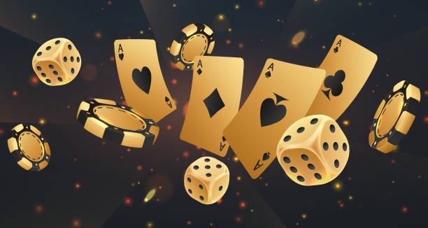 istock Falling golden poker chips, tokens, dices, playing cards on black background with gold lights, sparkles and bokeh. Vector illustration 1813434541