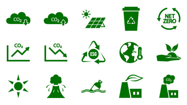 bildbanksillustrationer, clip art samt tecknat material och ikoner med icon collection with zero emissions esg symbol concept. greenhouse gas carbon credit design set. protect ecological green vector glyph. carbon net zero neutral natural. carbon footprint art pictogram - kolatom
