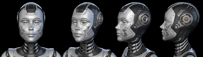 Futuristic lady robot head or very detailed humanoid woman face. Collage or set of four different angles. Isolated on black background. 3d rendering
