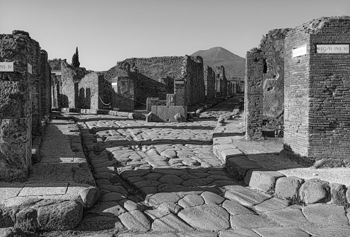 Pompeii Archaeological Park, Via delle Terme street view / crossroads, Region V-VI. (ancient architecture). Pompeii ruins, heritage.