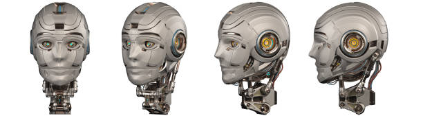 Futuristic robot head or very detailed humanoid face. Collage or set of four different angles. Isolated on white background. 3d rendering