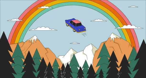 Vector illustration of Psychedelic flying car in rainbow sky 2D linear illustration concept