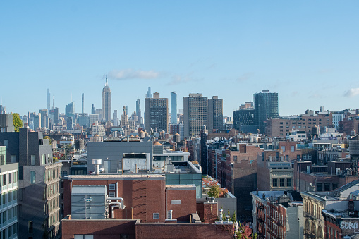 Manhattan, New York, USA:    A rooftop view of the Midtown Manhattan skyline from a rooftop in Chinatown