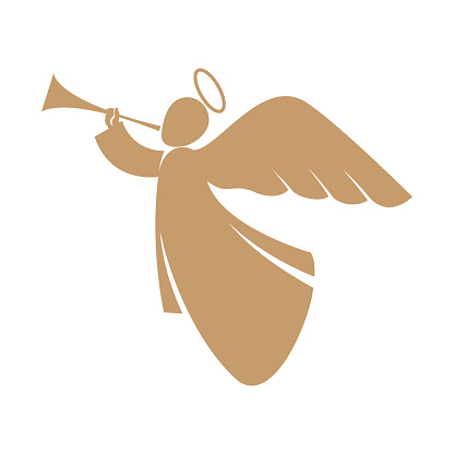 The silhouette of an angel with a trumpet gives a signal. Vector flat illustration